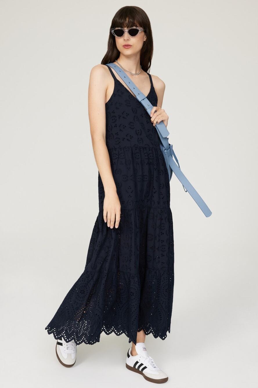Splendid Wynona Navy Blue Eyelet Tiered Sleeveless Maxi Dress Size Large